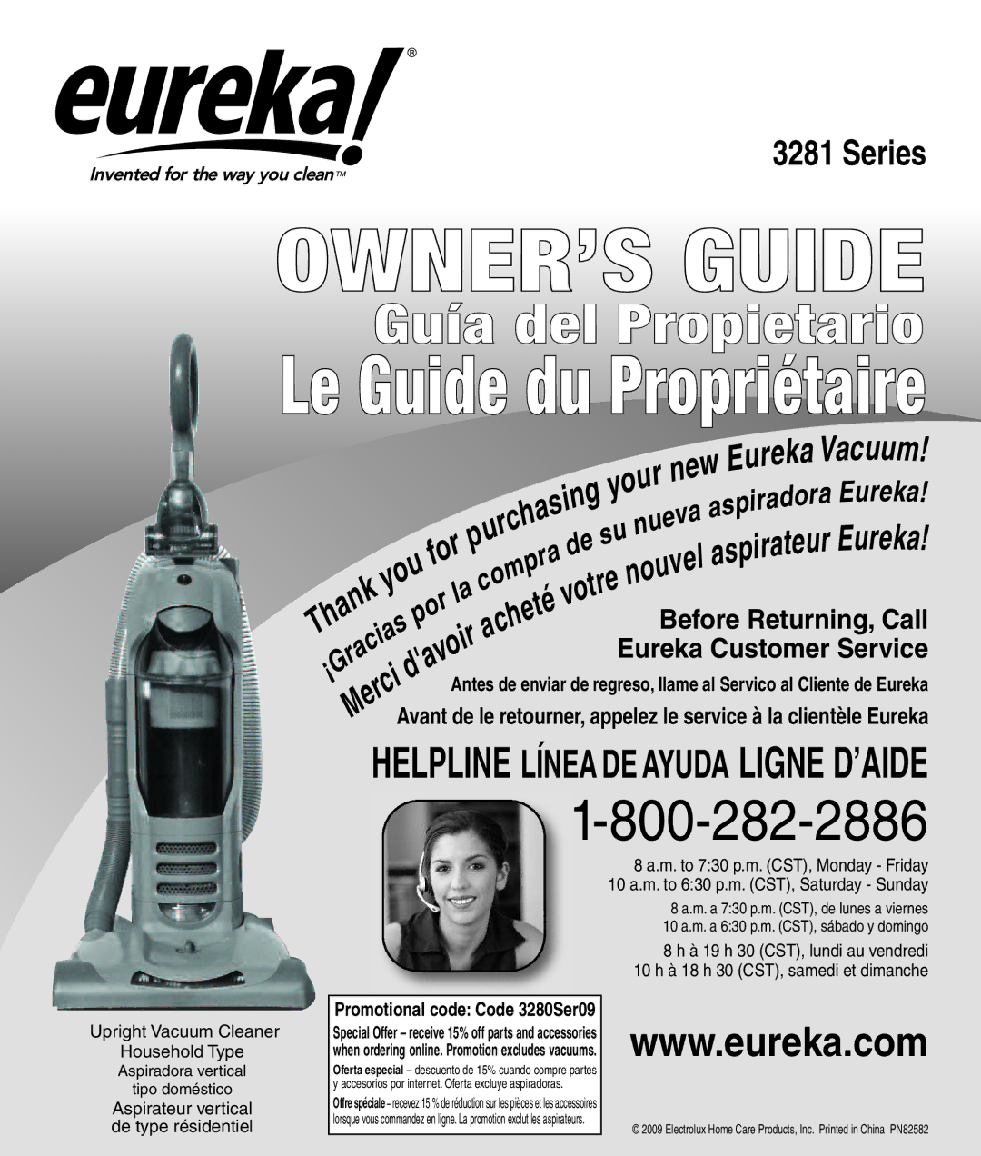 Eureka 3281 manual Upright Vacuum Cleaner Household Type, Aspirateur vertical de type résidentiel 