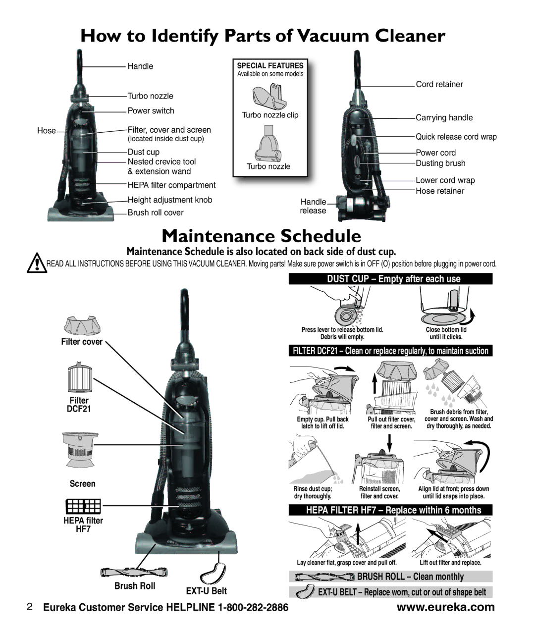 Eureka 3281 manual How to Identify Parts of Vacuum Cleaner, Maintenance Schedule, Brush Roll, EXT-U Belt 