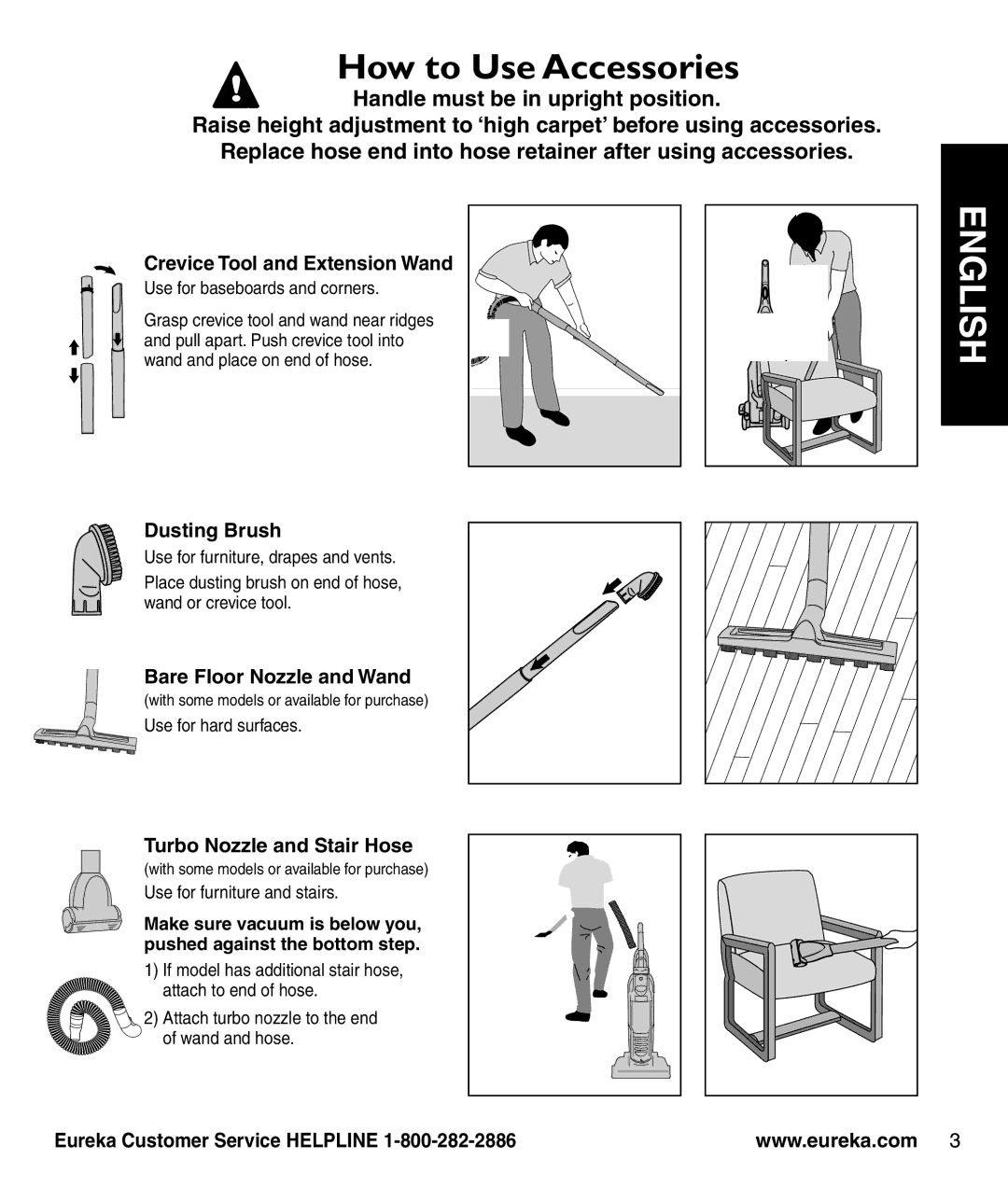 Eureka 3281 manual How to Use Accessories, Crevice Tool and Extension Wand, Dusting Brush, Bare Floor Nozzle and Wand 