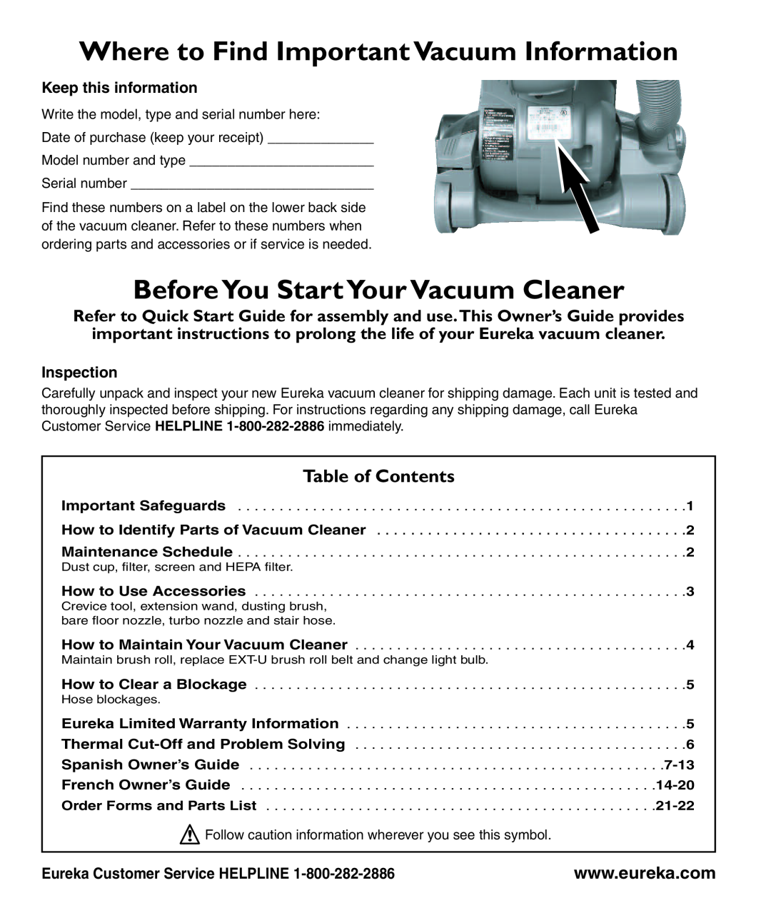 Eureka 3281 manual Where to Find Important Vacuum Information, BeforeYou Start Your VacuumCleaner, Keep this information 