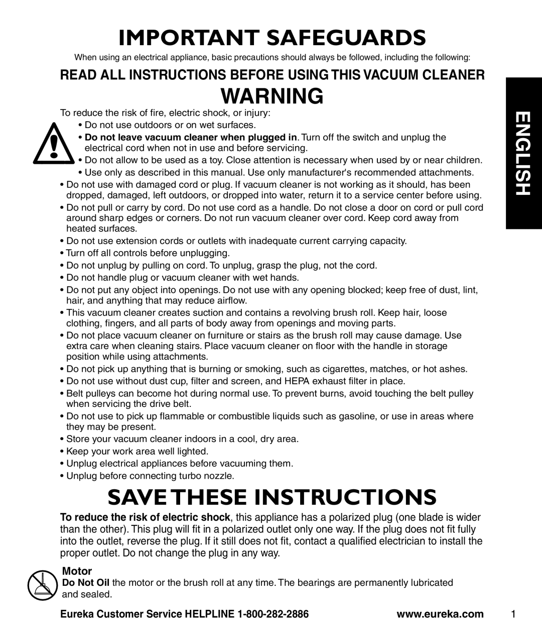 Eureka 3281 manual English, Motor, Important Safeguards, Save These Instructions, Eureka Customer Service HELPLINE 