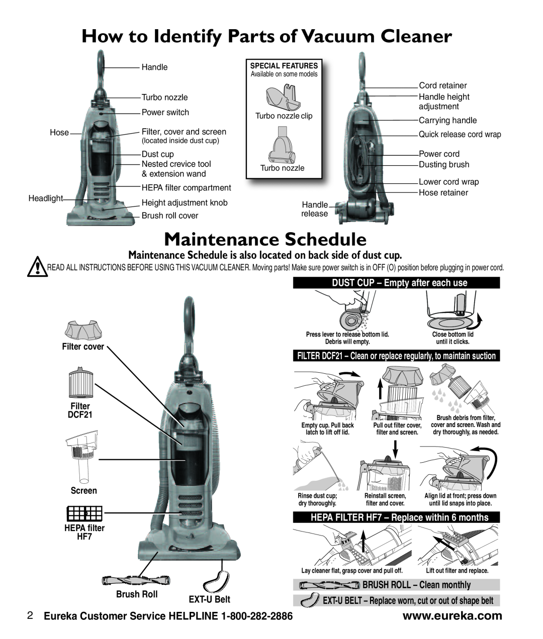 Eureka 3281 How to Identify Parts of Vacuum Cleaner, Maintenance Schedule, Eureka Customer Service HELPLINE, Brush Roll 