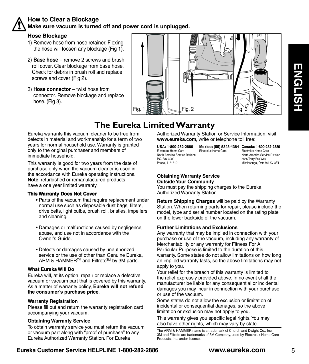 Eureka 3281 How to Clear a Blockage, Hose Blockage, English, The Eureka Limited Warranty, Eureka Customer Service HELPLINE 