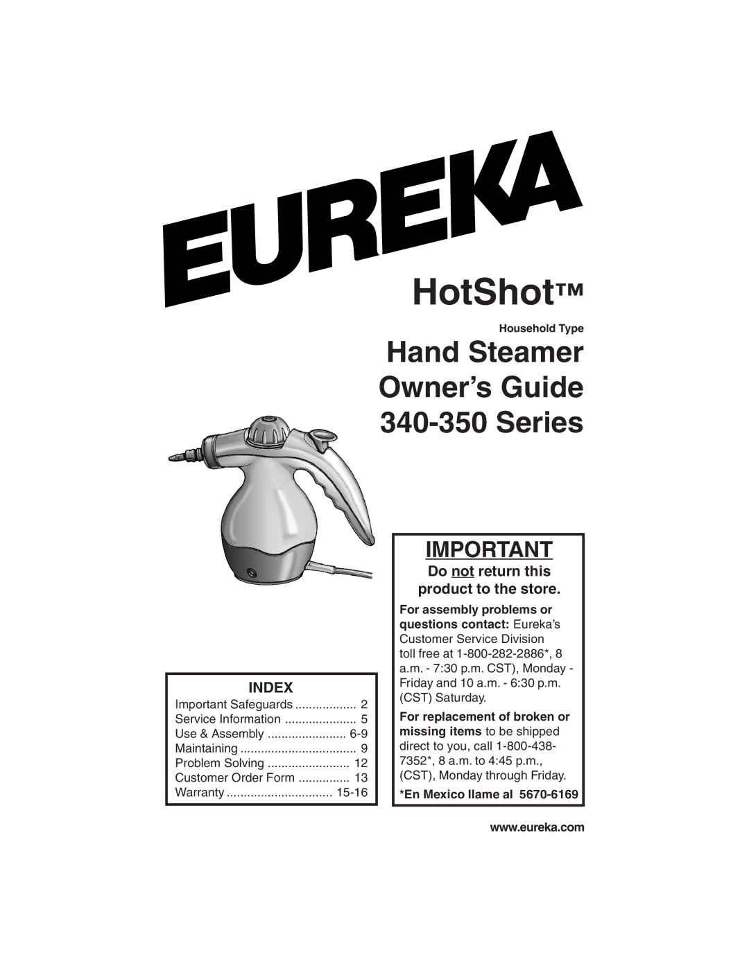 Eureka 340, 350 warranty Index, Do not return this Product to the store, Household Type 