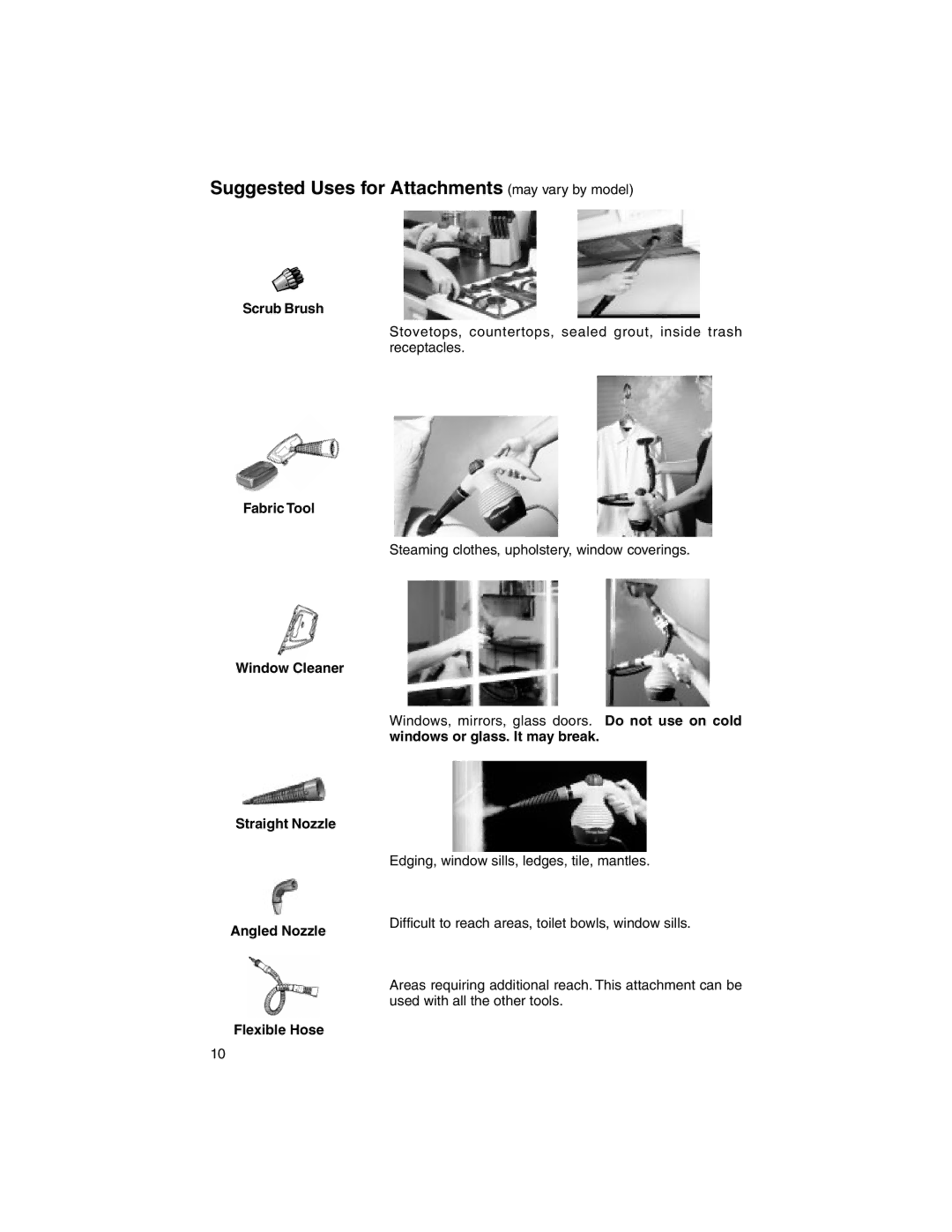 Eureka 350, 340 warranty Suggested Uses for Attachments may vary by model, Scrub Brush, Windows or glass. It may break 