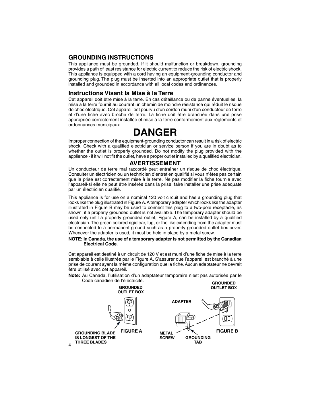 Eureka 350, 340 warranty Grounding Instructions, Instructions Visant la Mise à la Terre, Avertissement 