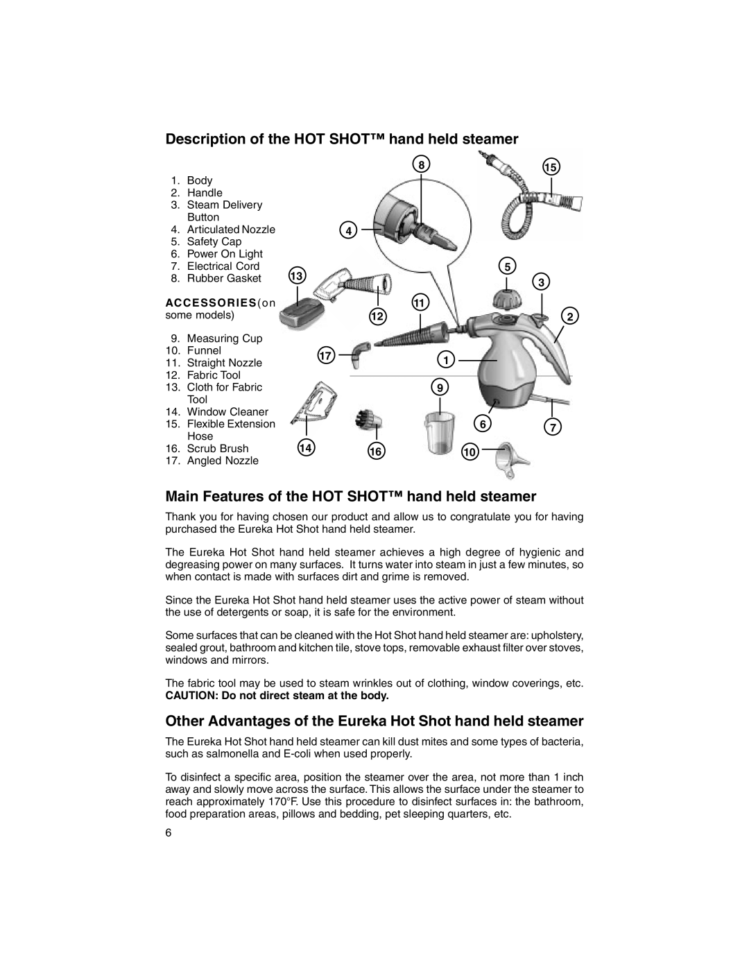 Eureka 350, 340 warranty Description of the HOT Shot hand held steamer, Main Features of the HOT Shot hand held steamer, 815 