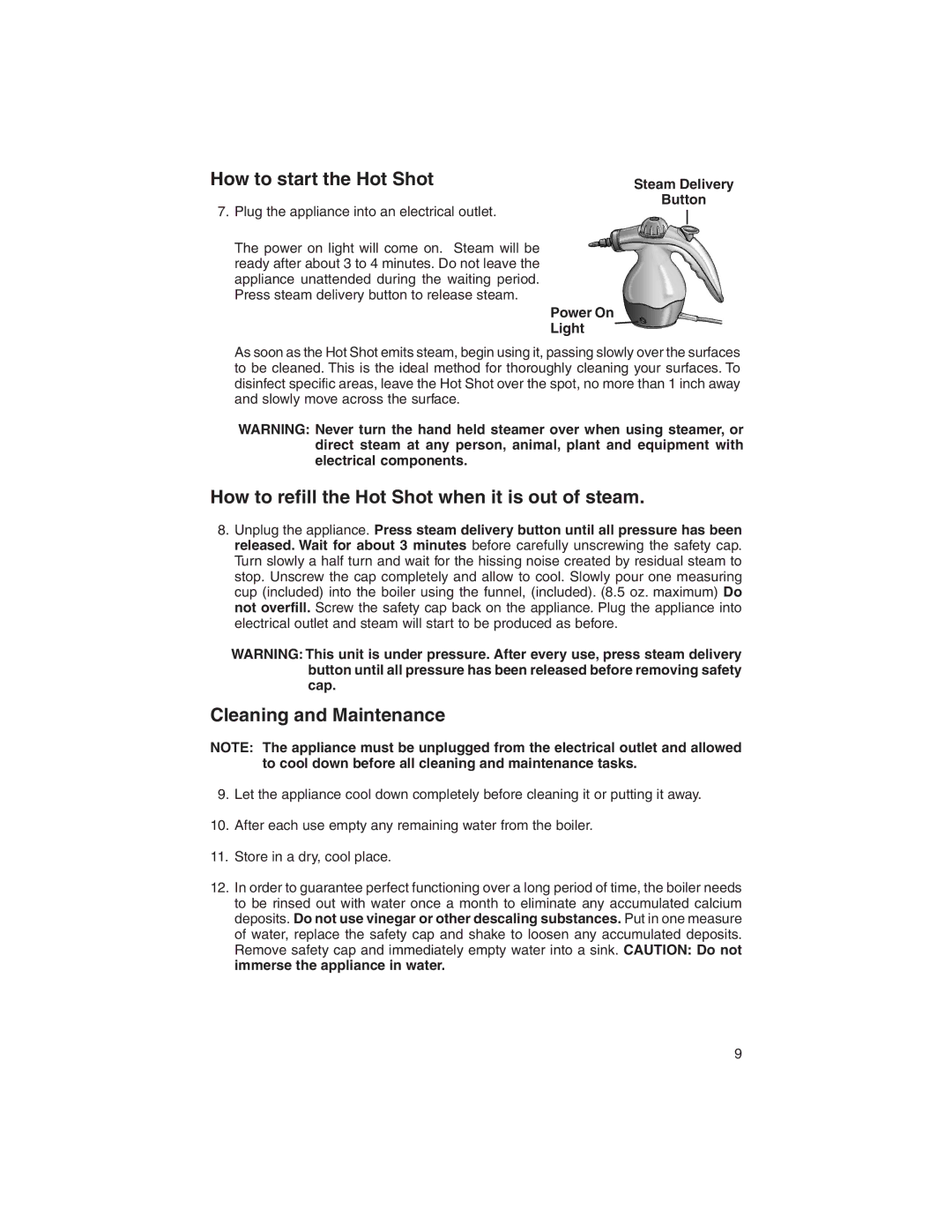 Eureka 340, 350 How to start the Hot Shot, How to refill the Hot Shot when it is out of steam, Cleaning and Maintenance 