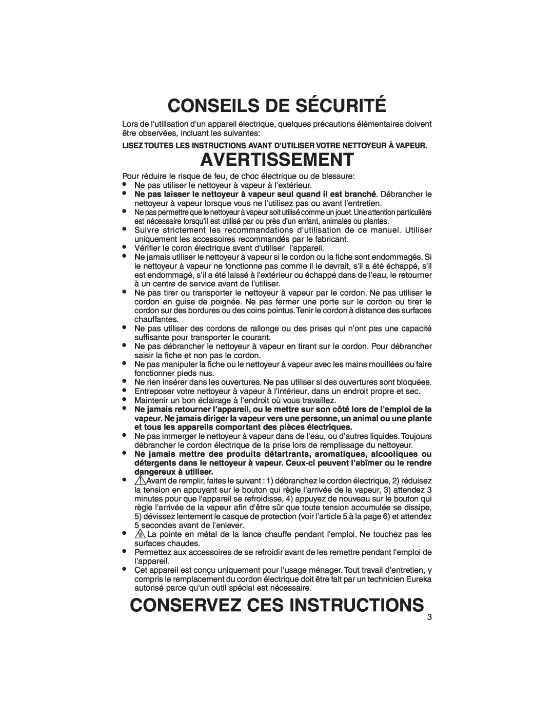 Eureka 340, 350 warranty Conseils De Sécurité, Avertissement, Conservez Ces Instructions 
