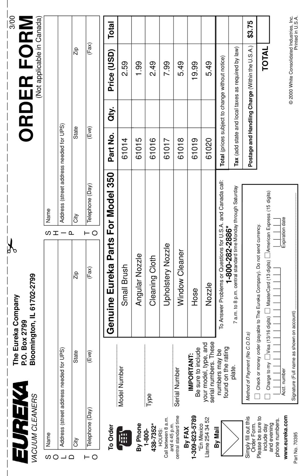 Eureka 350 Series warranty Eureka Company Box, Bloomington, IL, $3.75 