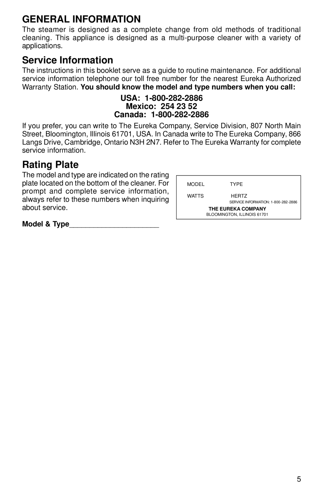 Eureka 350 Series warranty General Information, Service Information, Rating Plate 