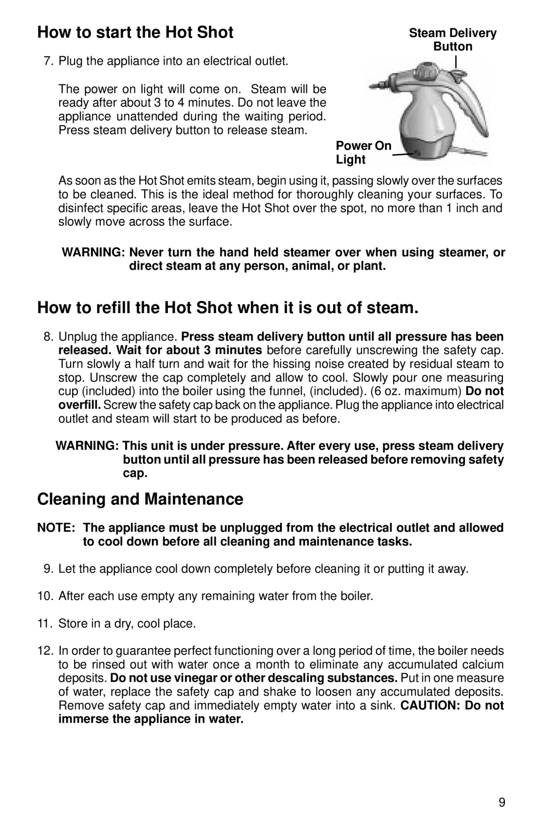 Eureka 350 Series How to start the Hot Shot, How to refill the Hot Shot when it is out of steam, Cleaning and Maintenance 