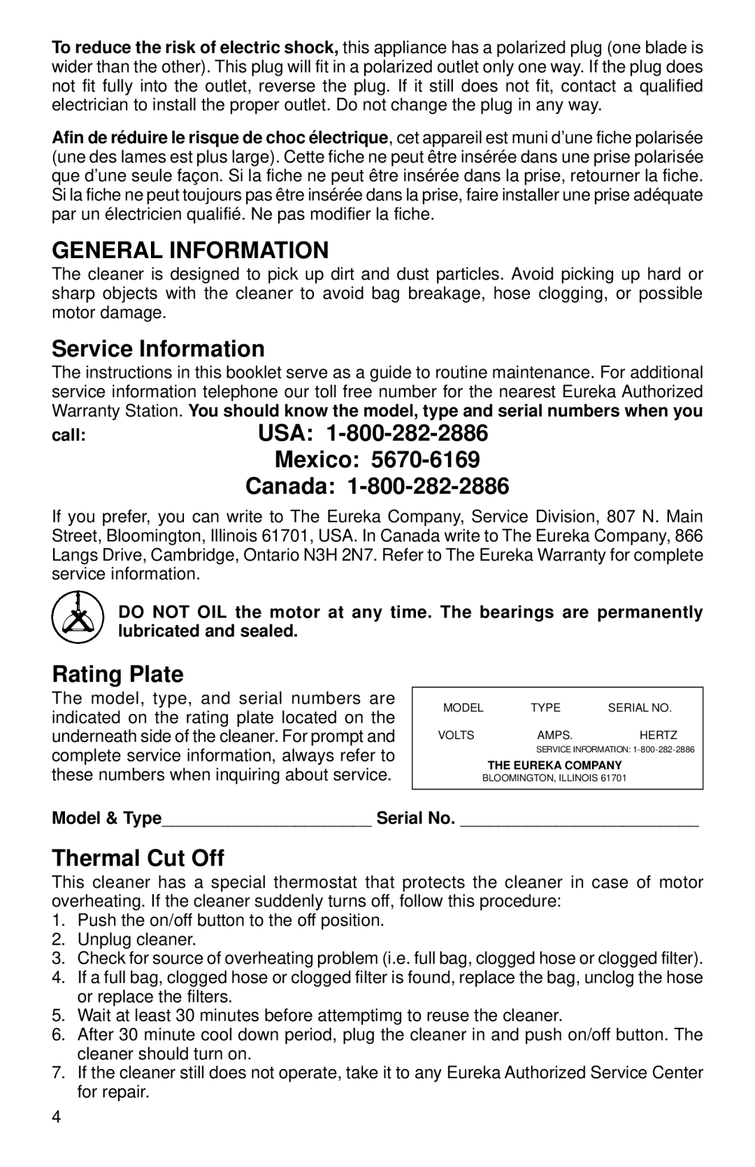 Eureka 3530 General Information, Service Information, CallUSA 1-800-282-2886 Mexico Canada, Rating Plate, Thermal Cut Off 