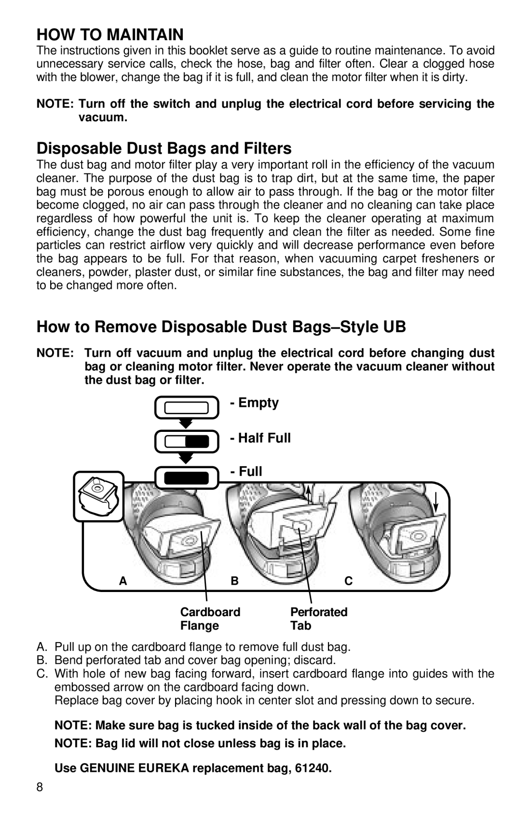 Eureka 3530 warranty HOW to Maintain, Disposable Dust Bags and Filters, How to Remove Disposable Dust Bags-Style UB 