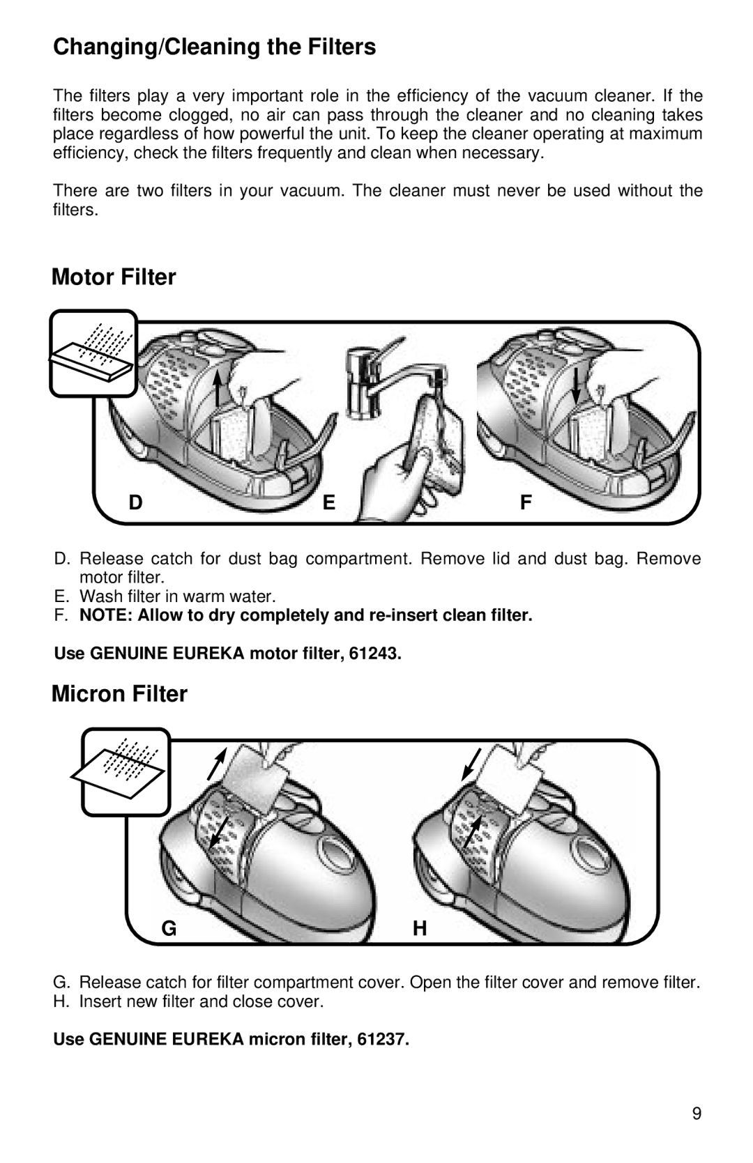 Eureka 3530 warranty Changing/Cleaning the Filters, Motor Filter, Def, Micron Filter 