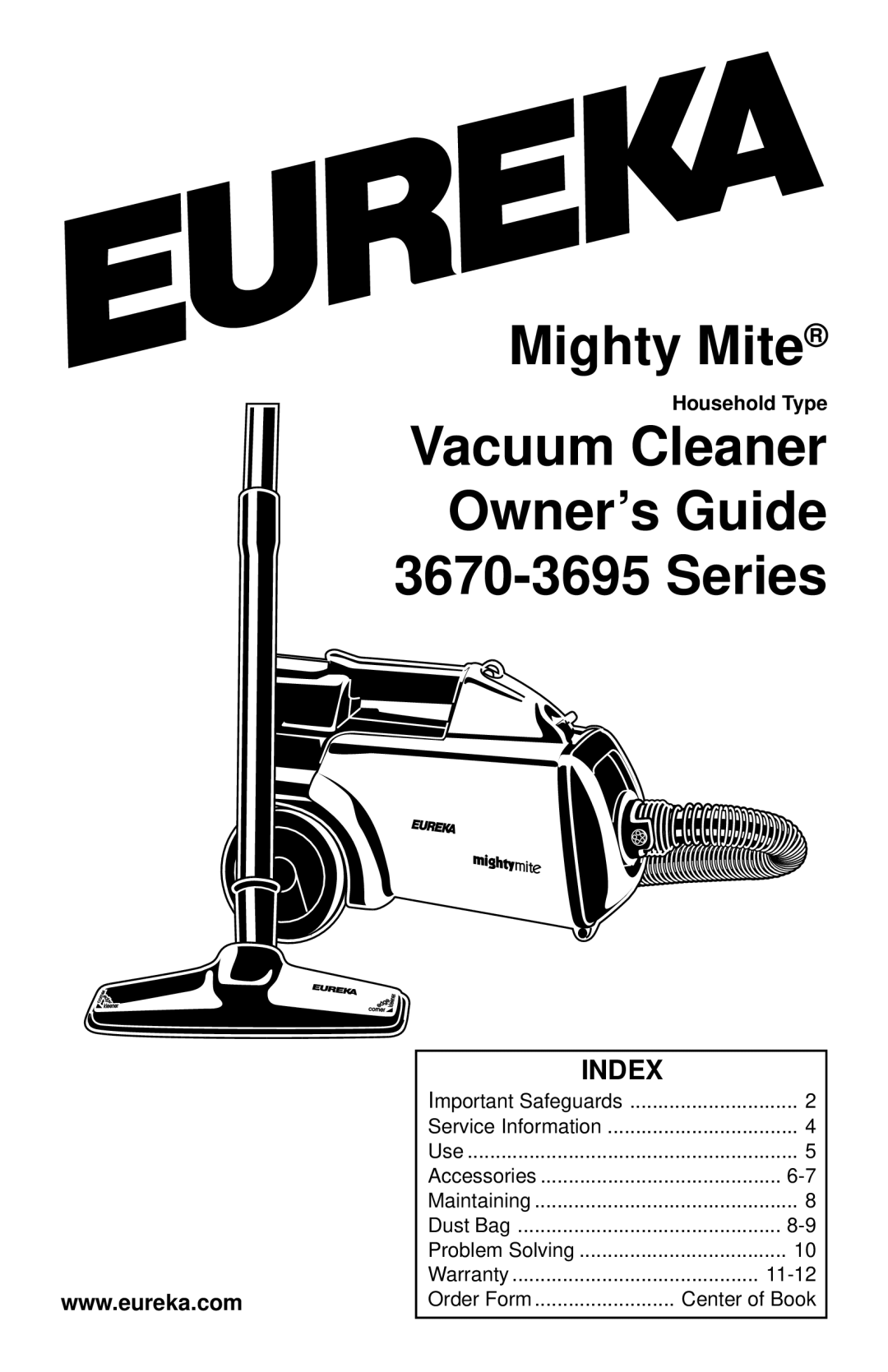 Eureka 3670-3695 warranty Vacuum Cleaner Owner’s Guide Series, Index 