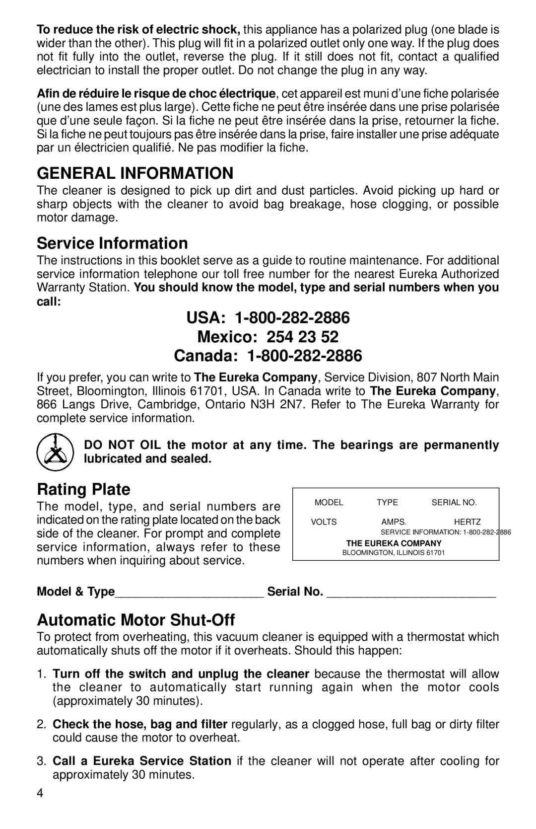 Eureka 3670-3695 warranty General Information, Service Information, USA Mexico 254 23 Canada, Rating Plate 