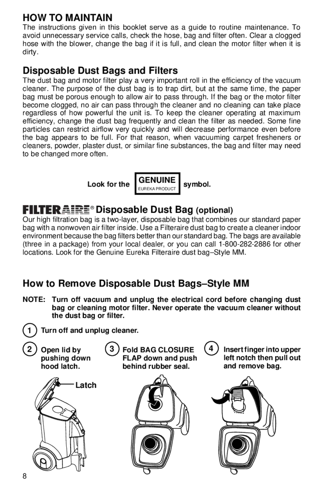 Eureka 3670-3695 warranty HOW to Maintain, Disposable Dust Bags and Filters, Disposable Dust Bag optional 