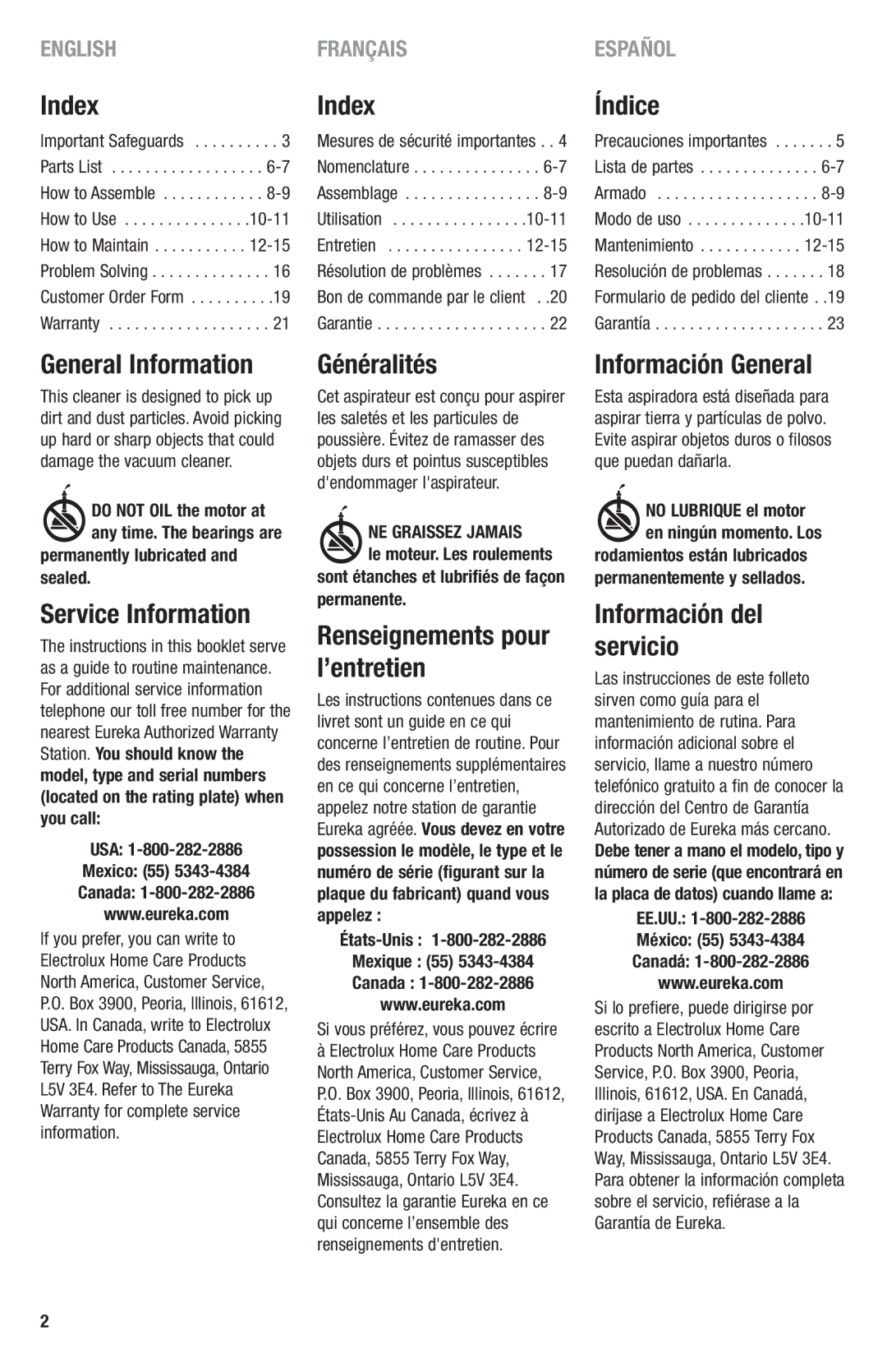 Eureka 3680, 3670 Index, Índice, General Information, Service Information, Généralités, Renseignements pour l’entretien 