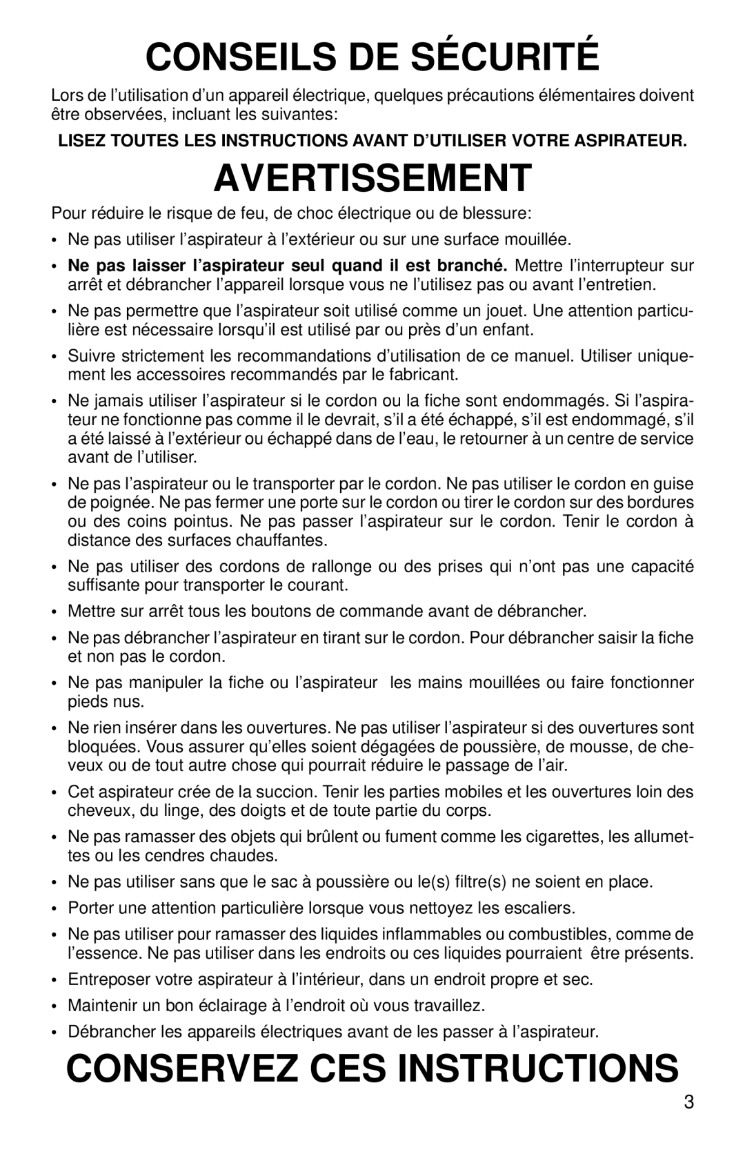 Eureka 3685-3695 warranty Conseils DE Sécurité 