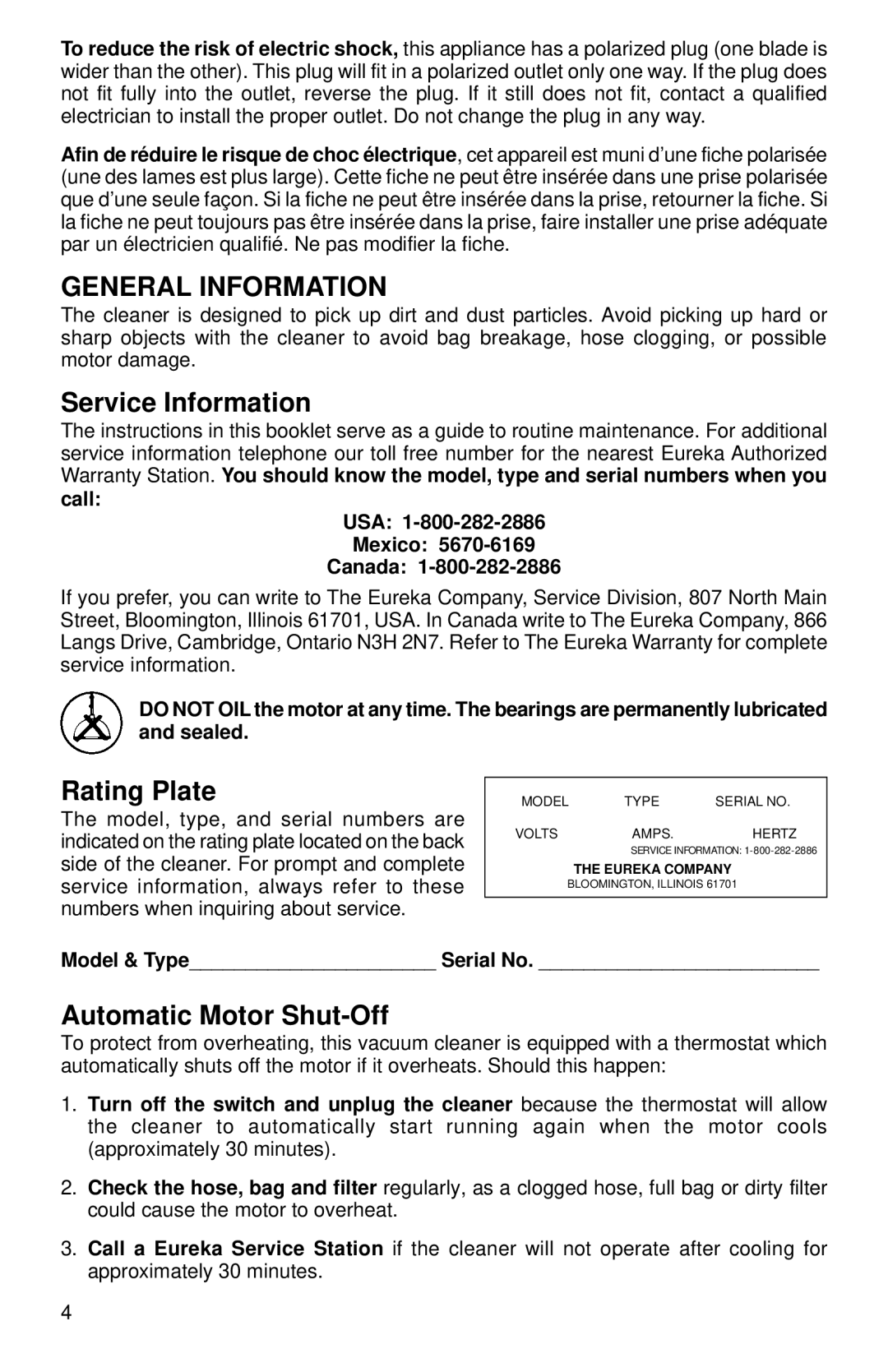 Eureka 3685-3695 General Information, Service Information, Rating Plate, Automatic Motor Shut-Off, Call USA Mexico Canada 