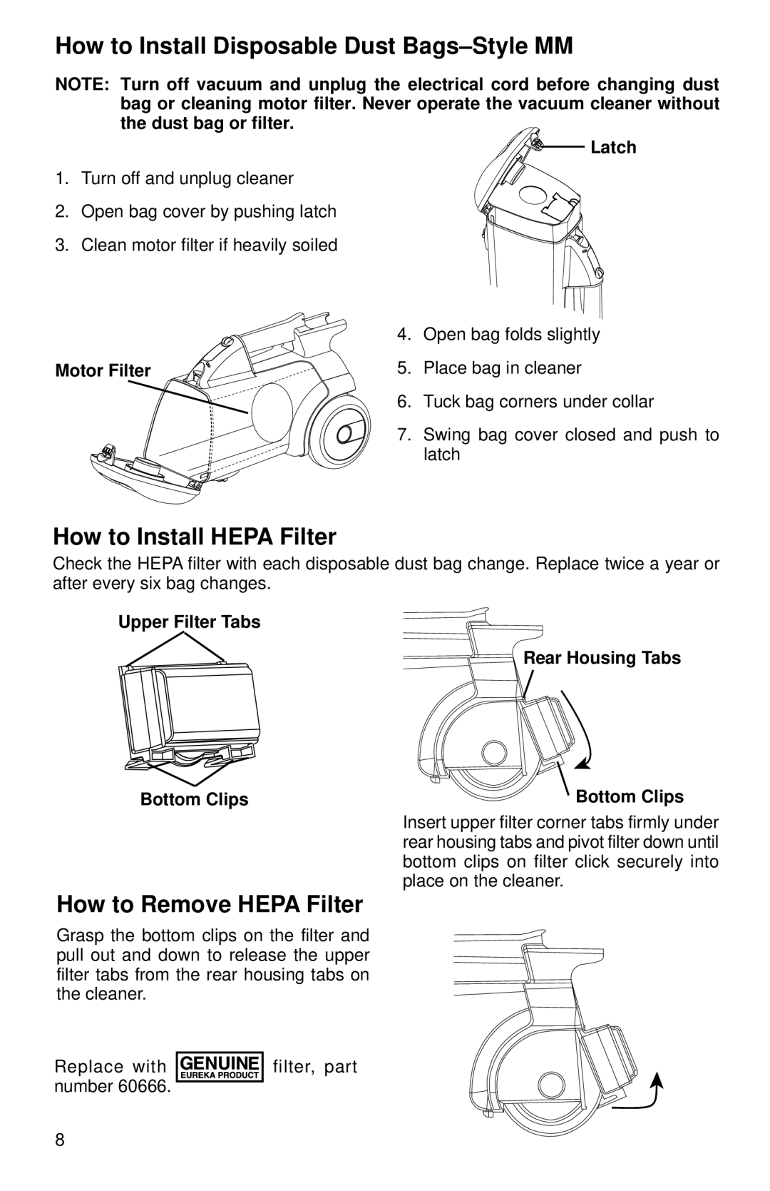 Eureka 3685-3695 How to Install Disposable Dust Bags-Style MM, How to Install Hepa Filter, How to Remove Hepa Filter 