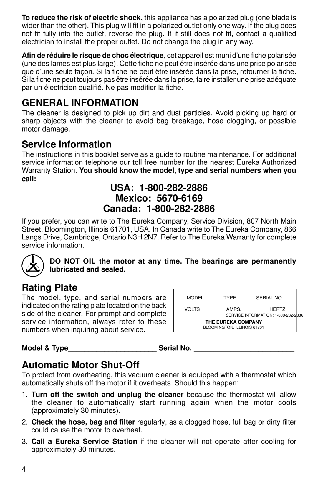 Eureka 3690 warranty General Information, Service Information, USA Mexico Canada, Rating Plate, Automatic Motor Shut-Off 