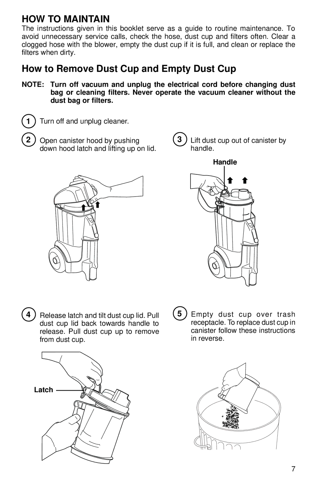 Eureka 3690 warranty HOW to Maintain, How to Remove Dust Cup and Empty Dust Cup, Handle, Latch 