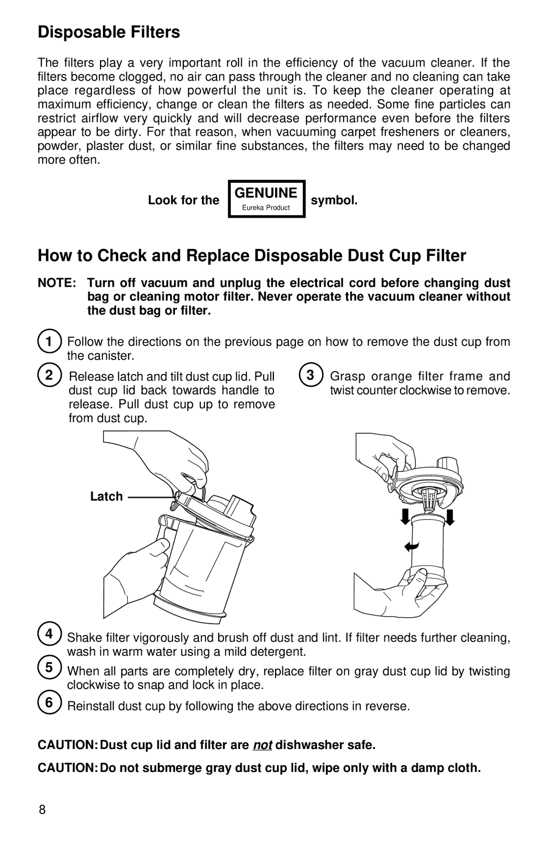 Eureka 3690 warranty Disposable Filters, How to Check and Replace Disposable Dust Cup Filter, Look for, Symbol 