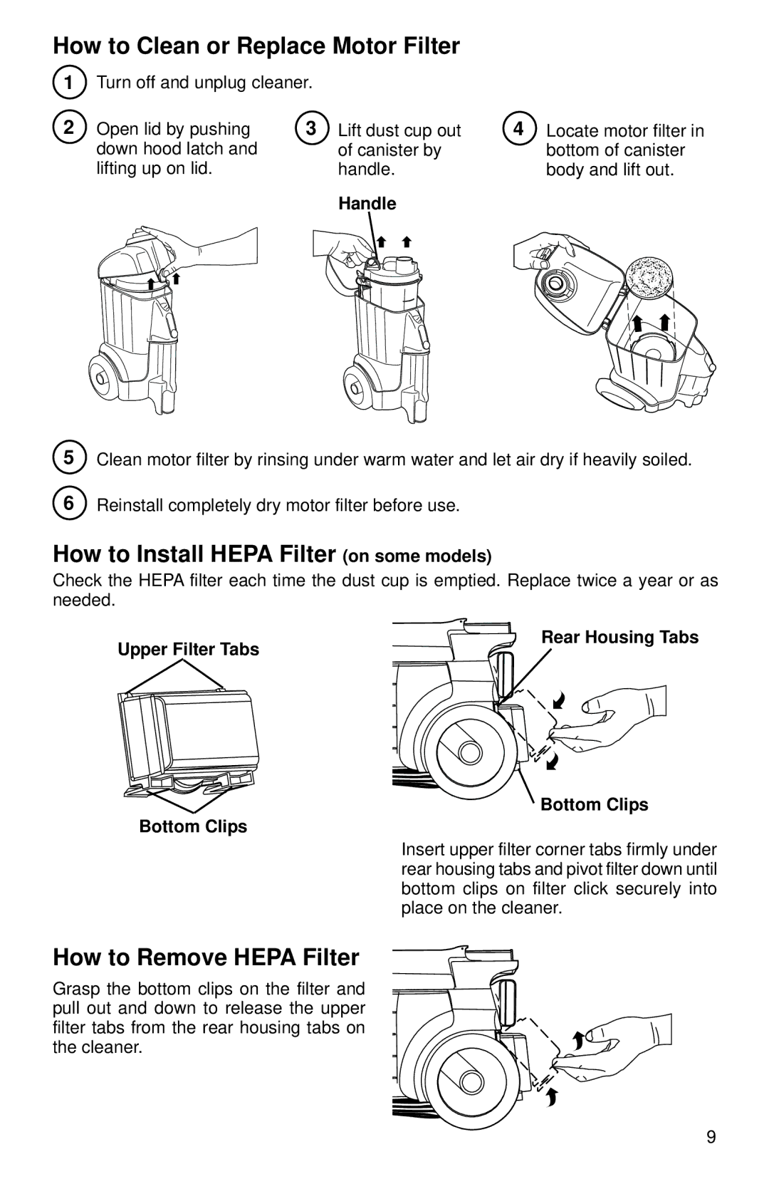 Eureka 3690 How to Clean or Replace Motor Filter, How to Install Hepa Filter on some models, How to Remove Hepa Filter 