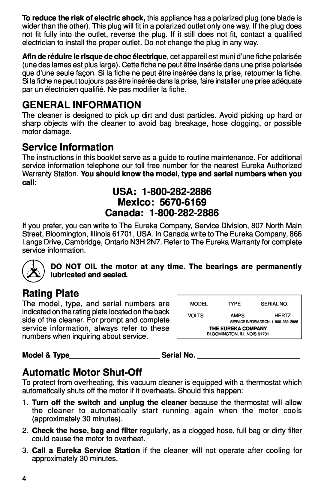 Eureka 3690 warranty General Information, Service Information, USA Mexico Canada, Rating Plate, Automatic Motor Shut-Off 