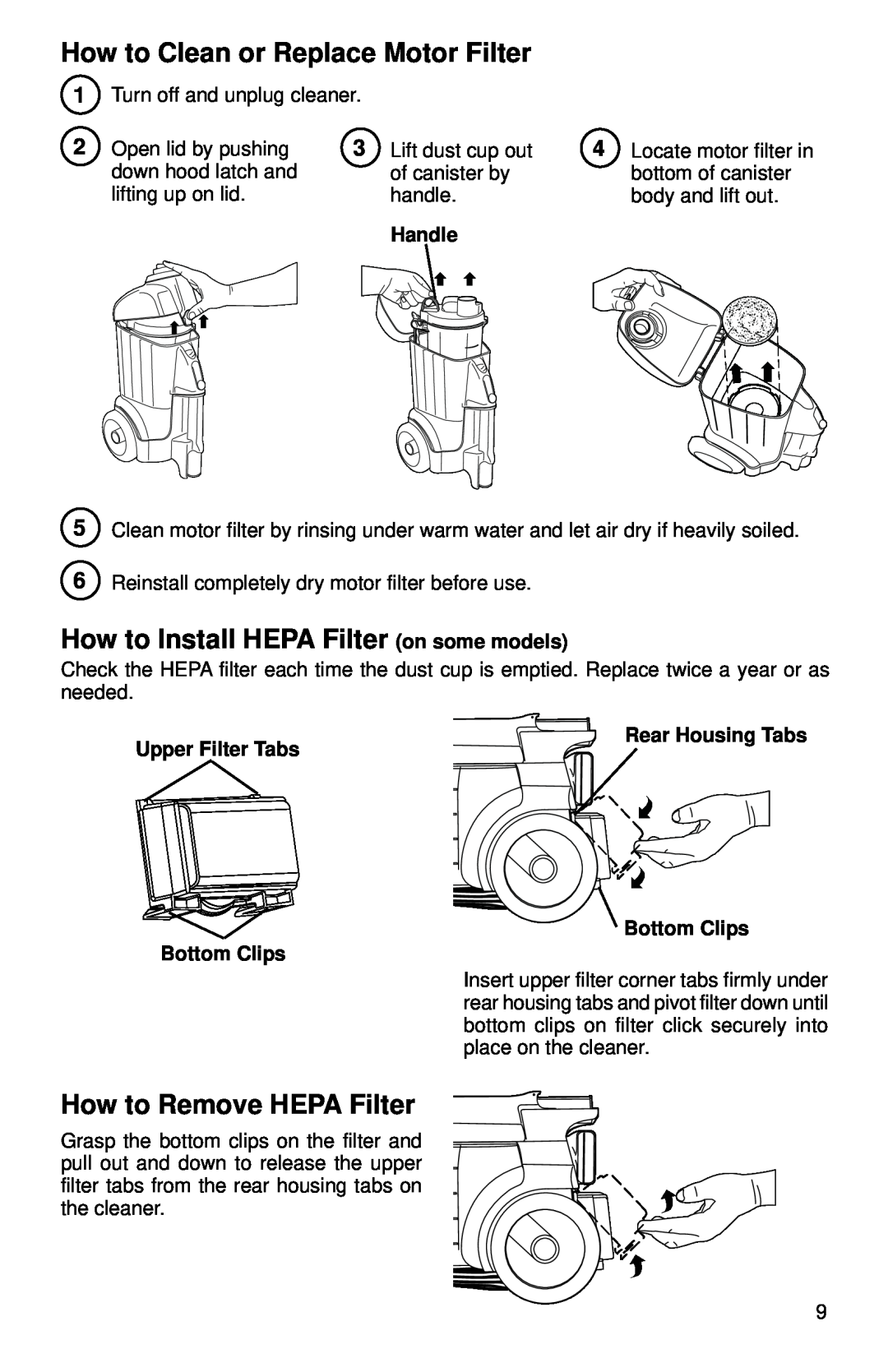 Eureka 3690 How to Clean or Replace Motor Filter, How to Install HEPA Filter on some models, How to Remove HEPA Filter 