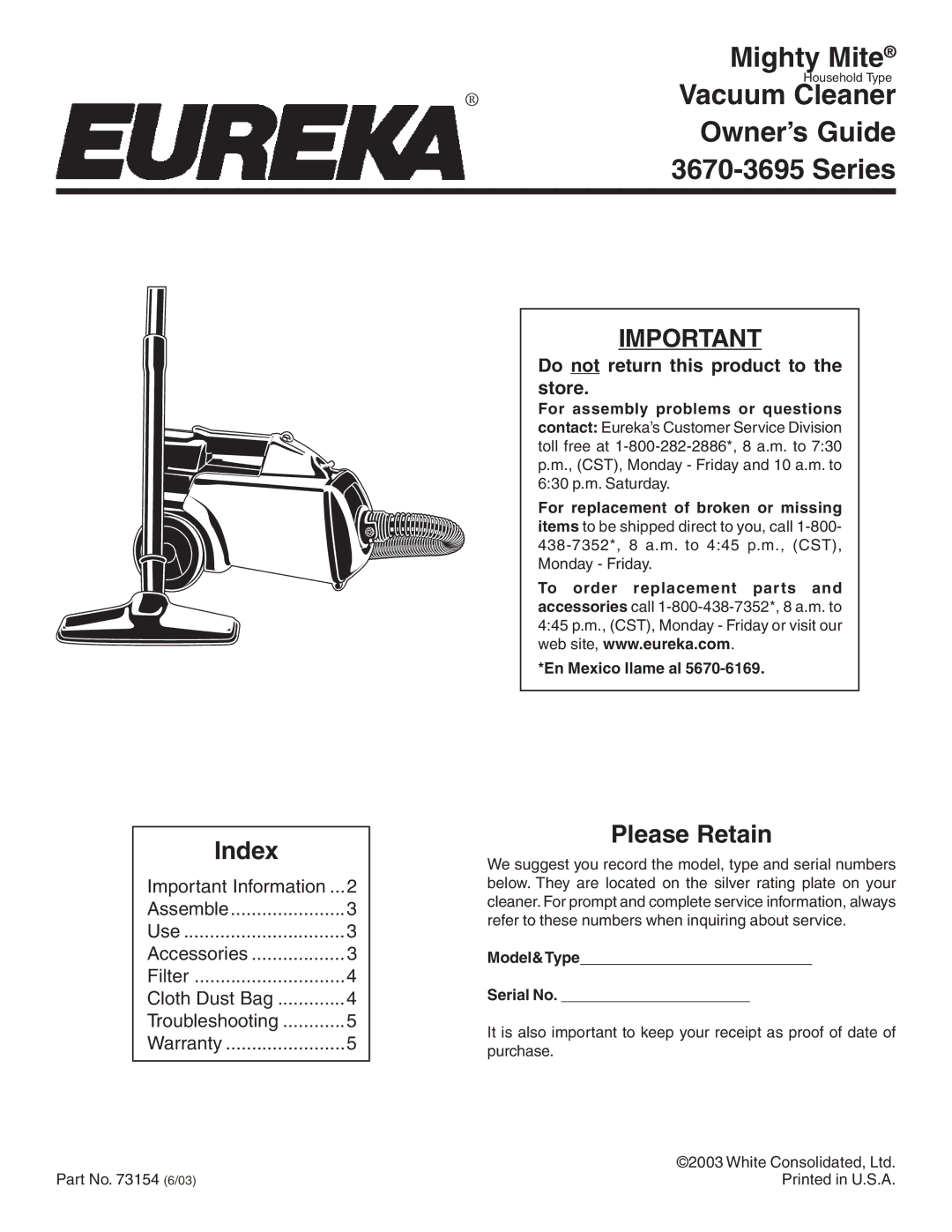 Eureka 3695 warranty Series, Do not return this product to the store 