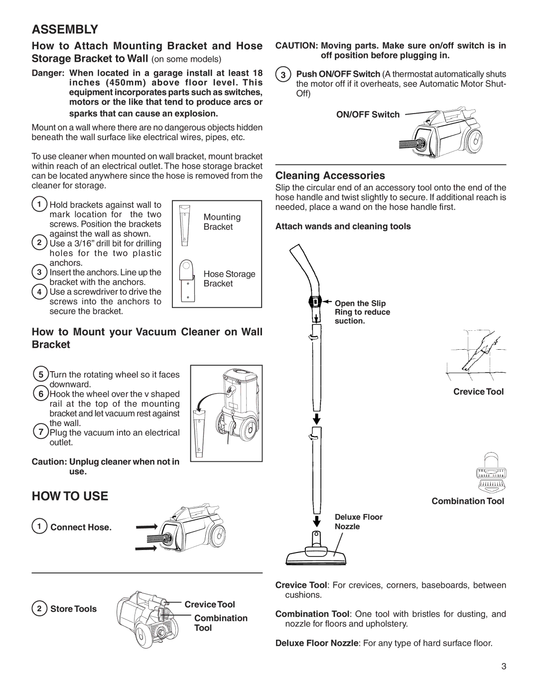 Eureka 3695 warranty Assembly, HOW to USE, Cleaning Accessories, How to Mount your Vacuum Cleaner on Wall Bracket 