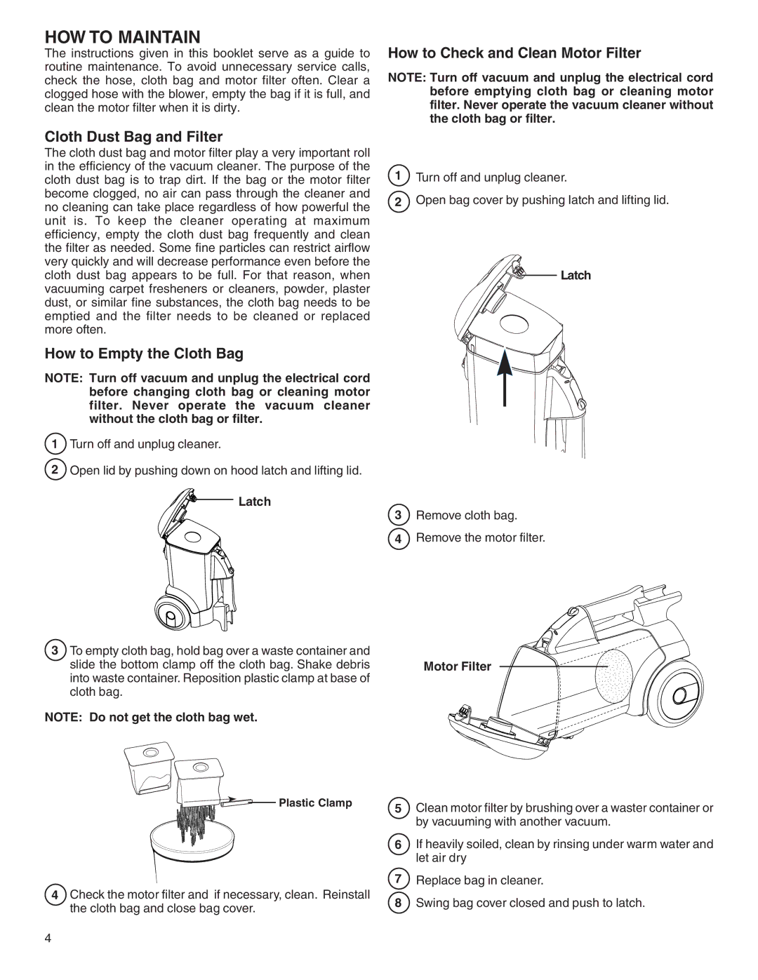 Eureka 3695 HOW to Maintain, Cloth Dust Bag and Filter, How to Empty the Cloth Bag, How to Check and Clean Motor Filter 