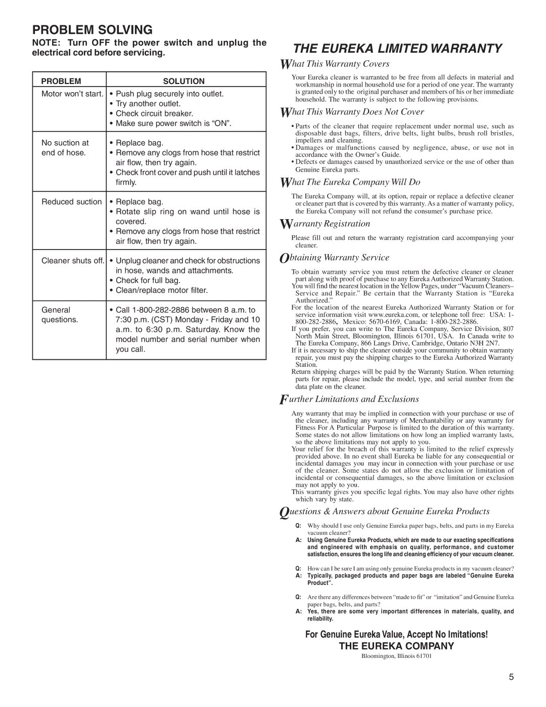 Eureka 3695 warranty Problem Solving, Problem Solution 