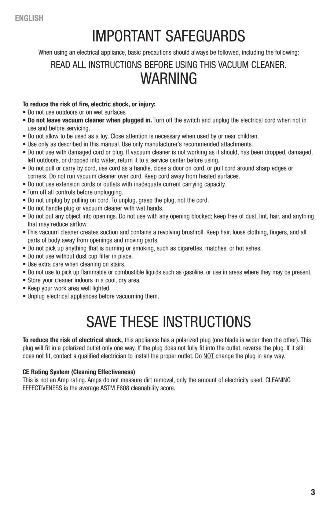 Eureka 400-409 manual Important Safeguards 