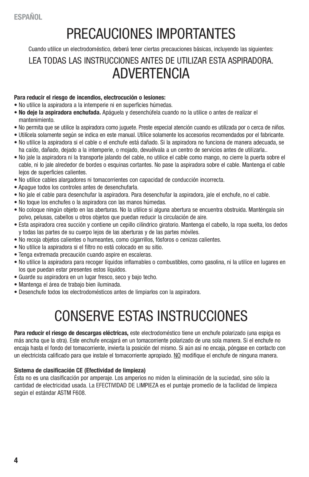 Eureka 400-409 manual Precauciones Importantes 