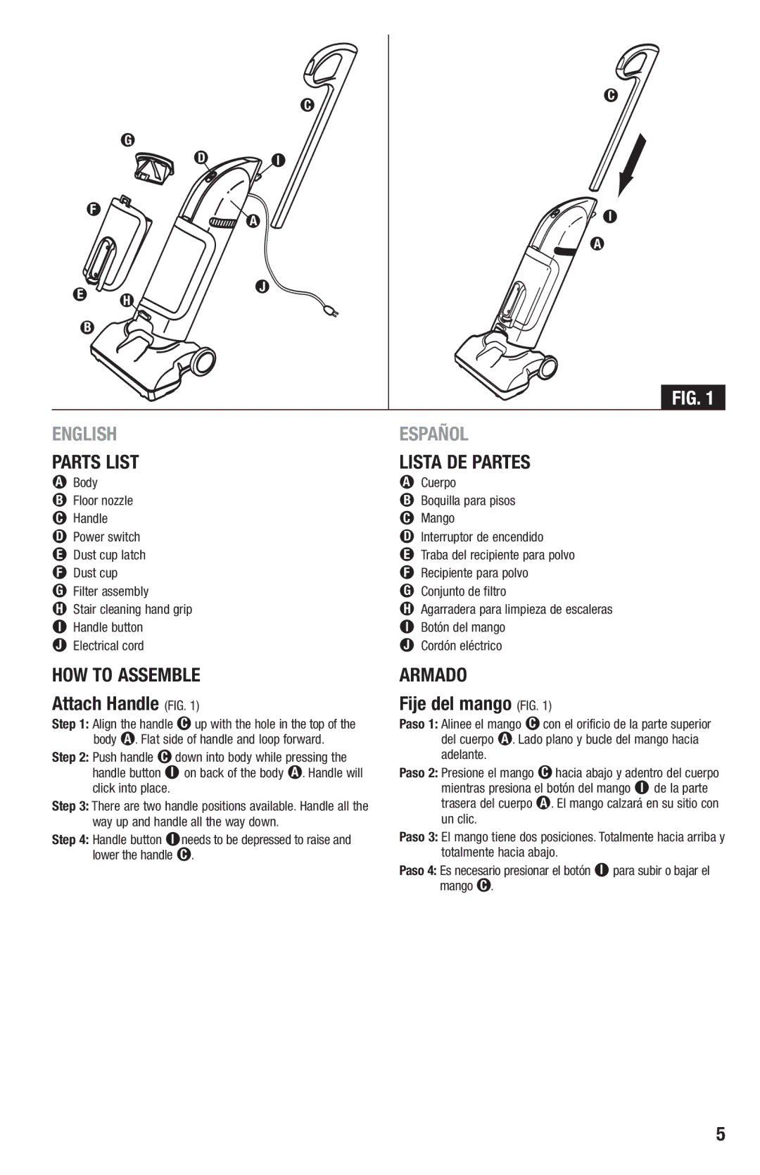 Eureka 400-409 manual Parts List Lista DE Partes, HOW to Assemble, Attach Handle FIG, Armado, Fije del mango FIG 