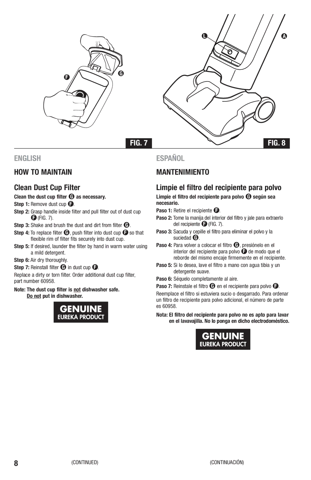 Eureka 400-409 manual HOW to Maintain, Clean Dust Cup Filter, Limpie el filtro del recipiente para polvo 