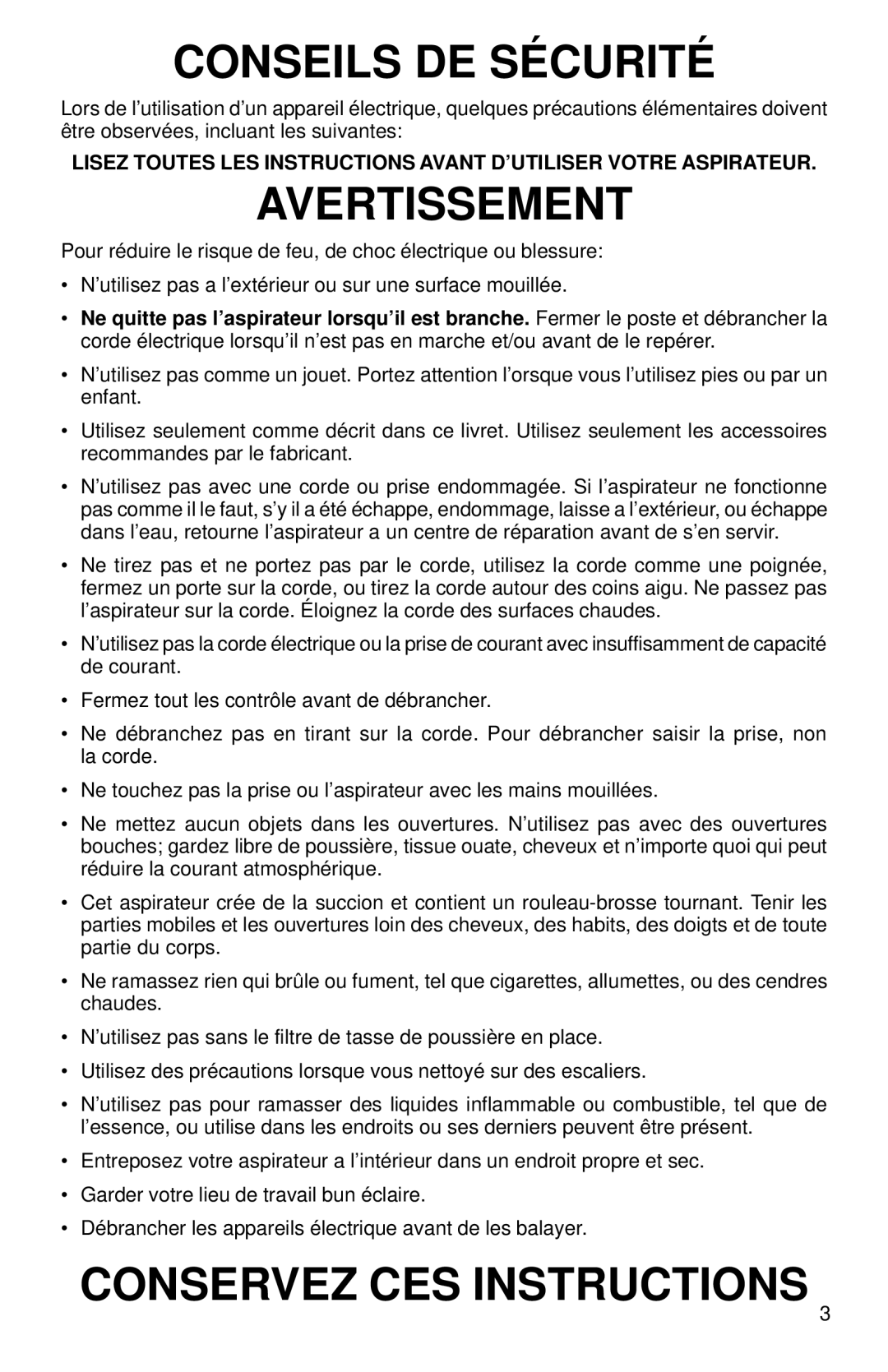 Eureka 400 Series warranty Conseils DE Sécurité 