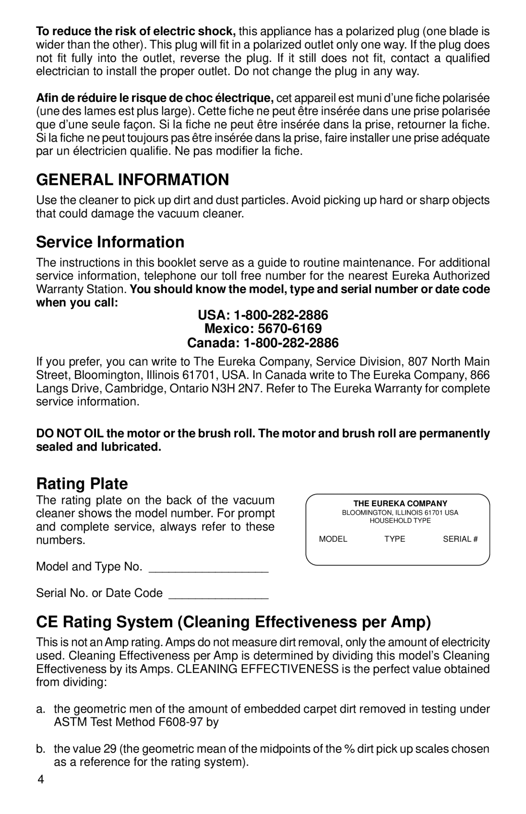 Eureka 400 Series General Information, Service Information, Rating Plate, CE Rating System Cleaning Effectiveness per Amp 