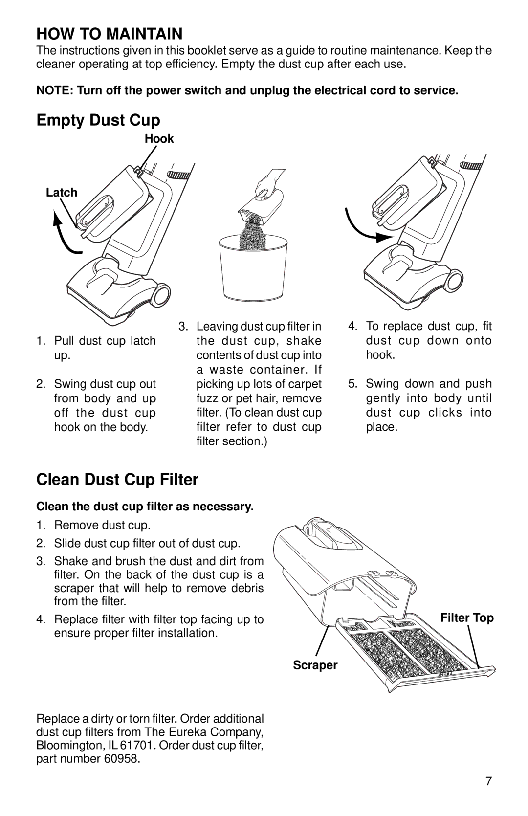 Eureka 400 Series warranty HOW to Maintain, Empty Dust Cup, Clean Dust Cup Filter 