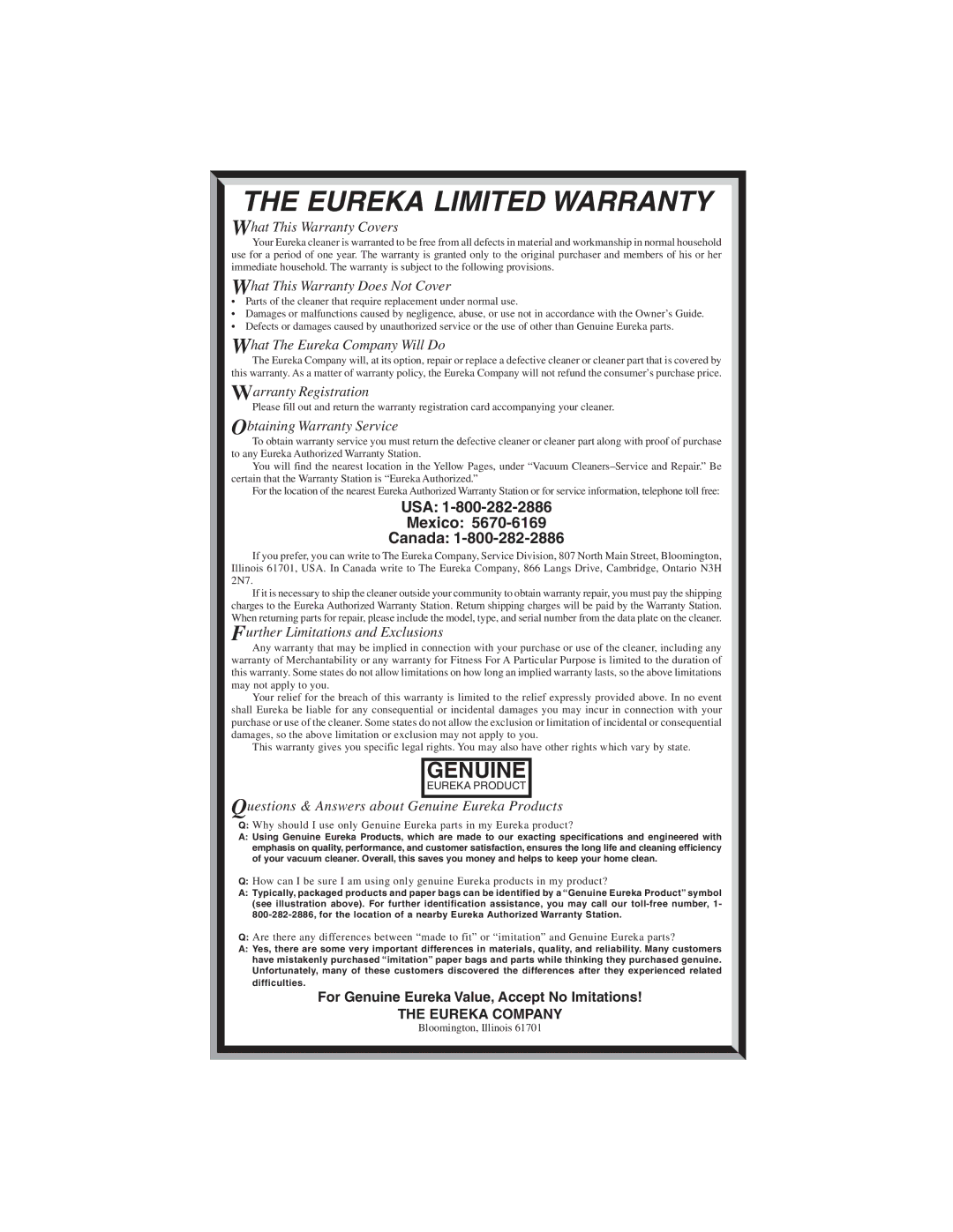 Eureka 400 warranty Eureka Limited Warranty, For Genuine Eureka Value, Accept No Imitations 