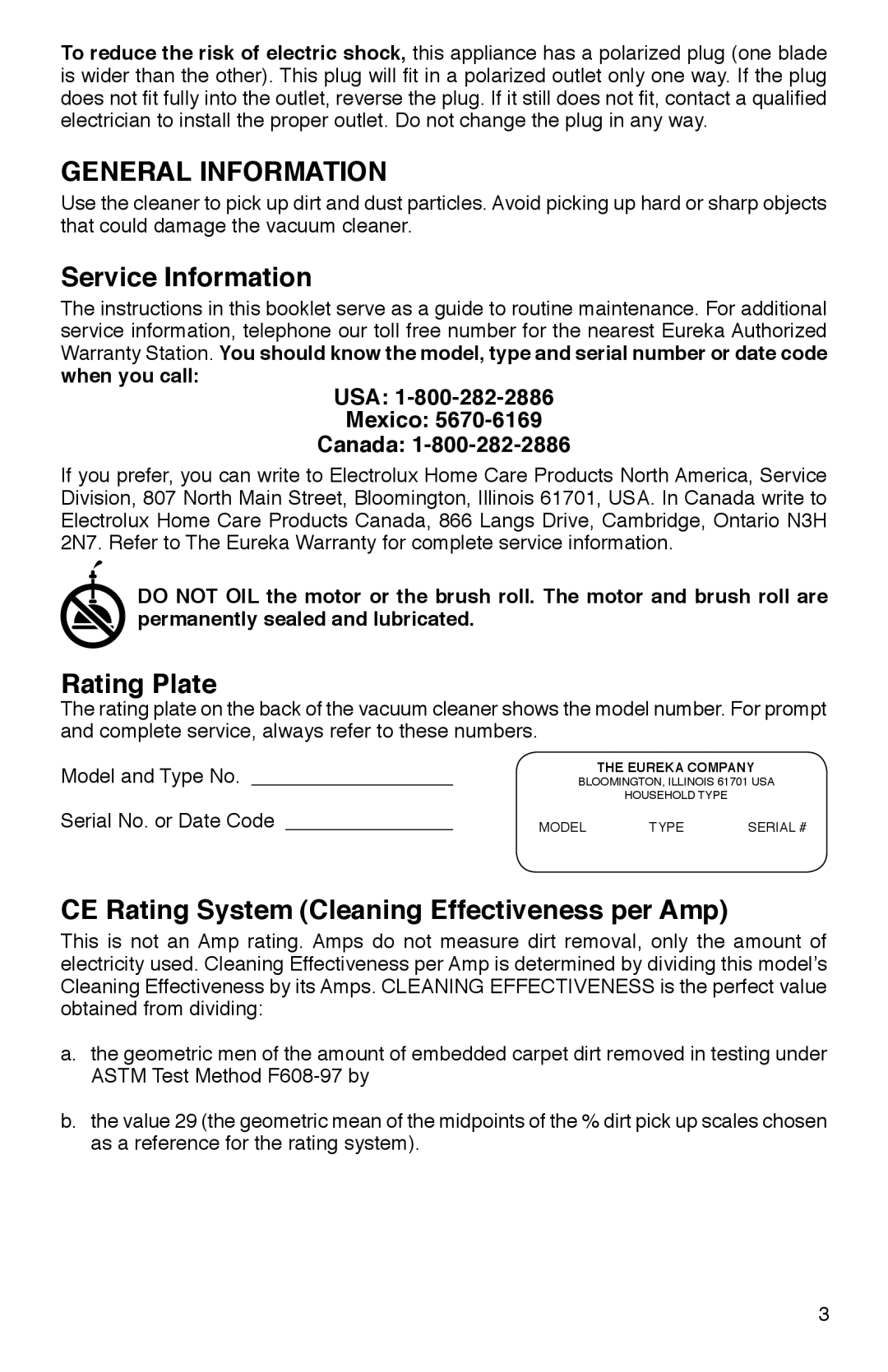 Eureka 400 warranty General Information, Service Information, Rating Plate, CE Rating System Cleaning Effectiveness per Amp 