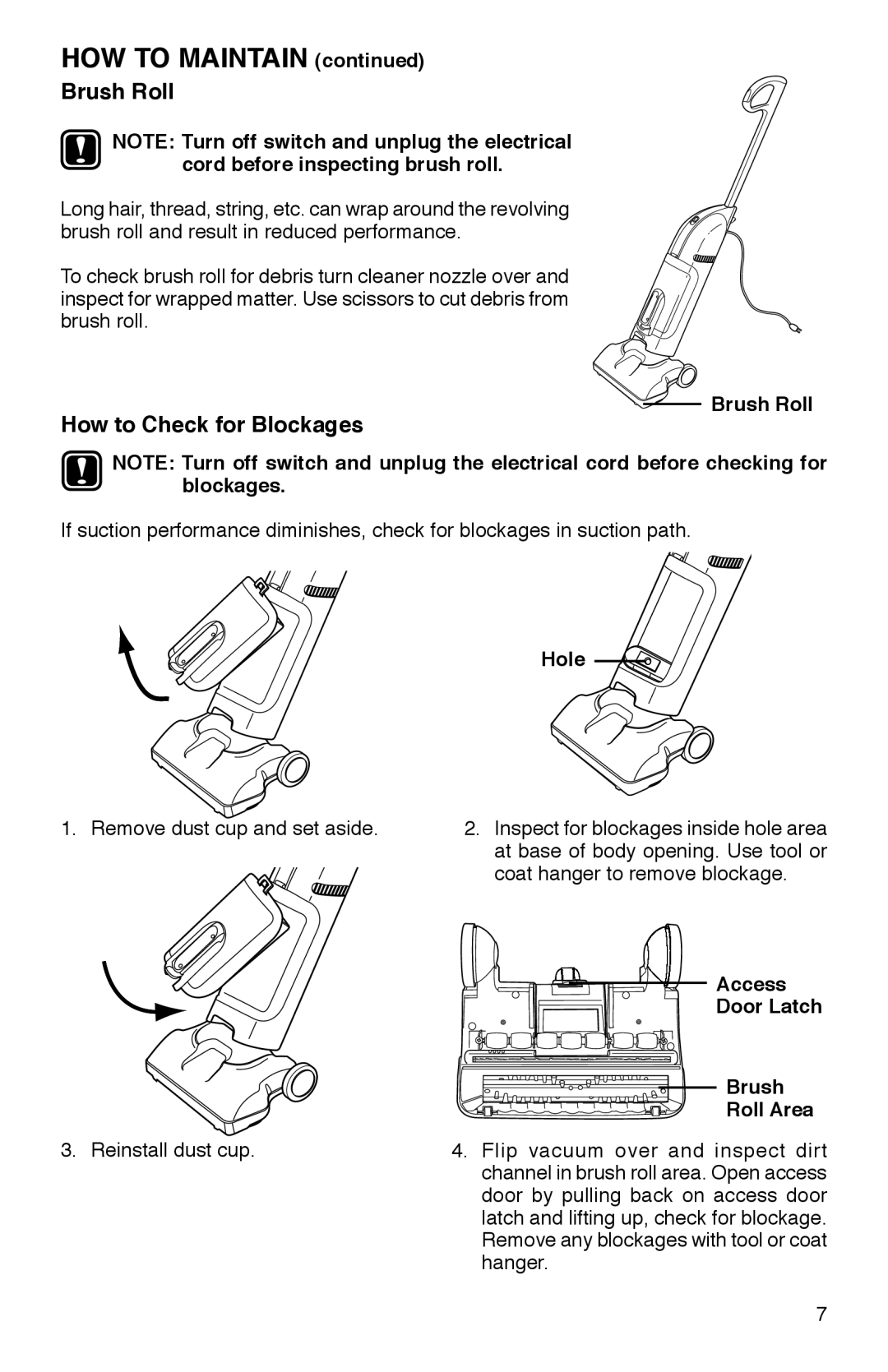 Eureka 400 warranty HOW to Maintain, Brush Roll, How to Check for Blockages 