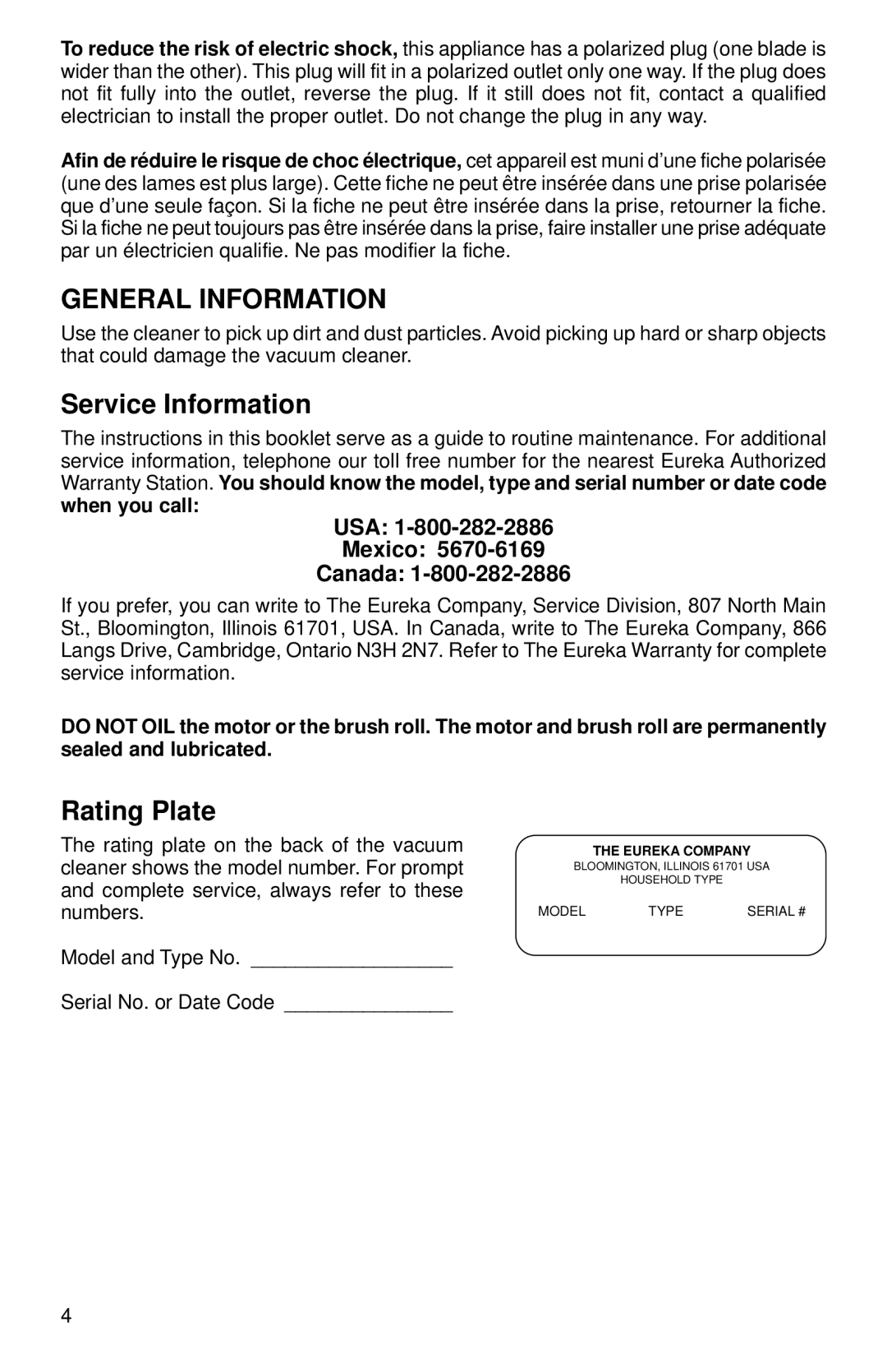 Eureka 410 SERIES warranty General Information, Service Information, Rating Plate, USA Mexico Canada 