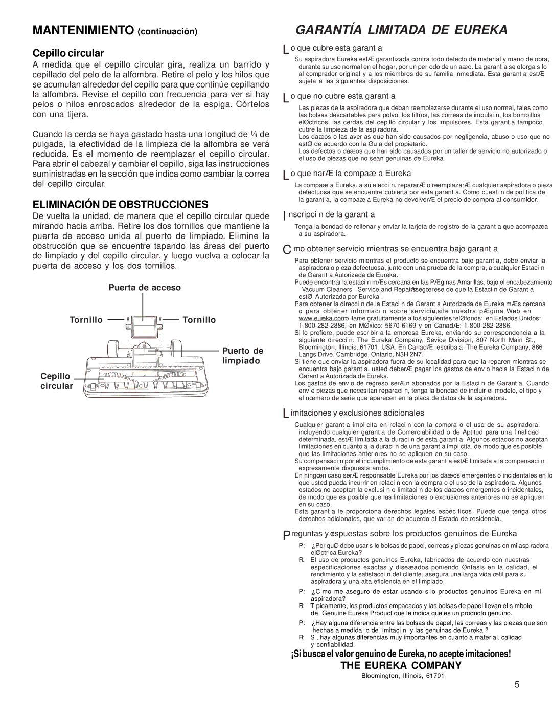 Eureka 410 warranty Mantenimiento continuación, Cepillo circular 