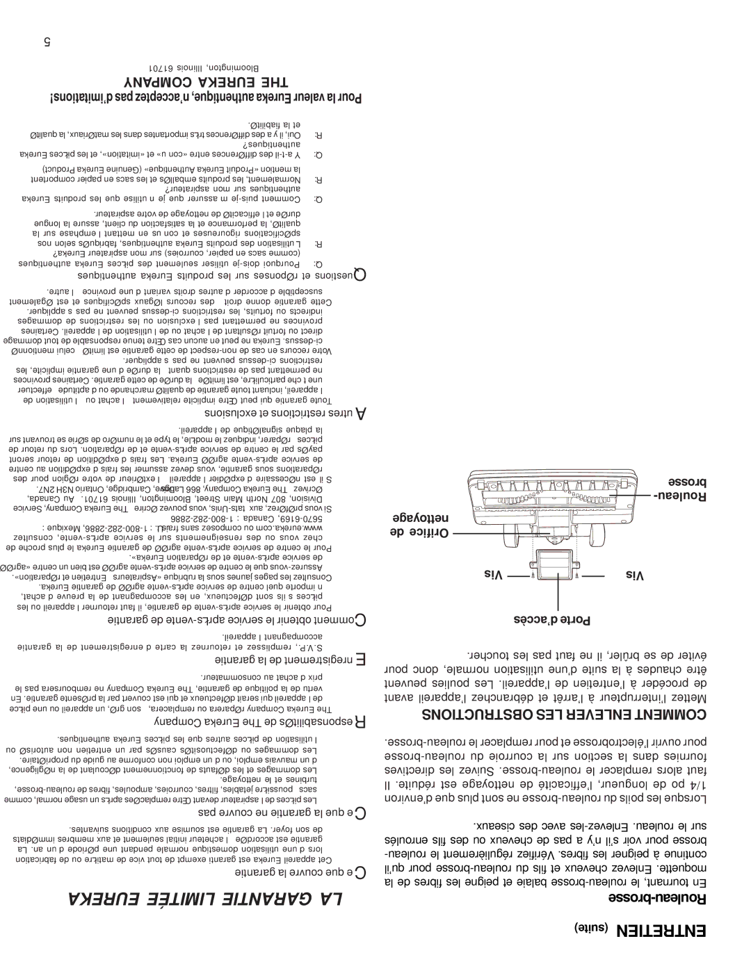 Eureka 410 warranty Company Eureka, Nettoyage de Orifice Vis ’accès Brosse -Rouleau Porte 