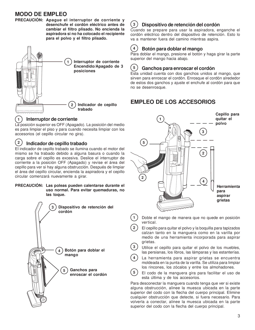 Eureka 410 warranty Modo DE Empleo, Empleo DE LOS Accesorios, Botón para doblar el mango, Ganchos para enroscar el cordón 